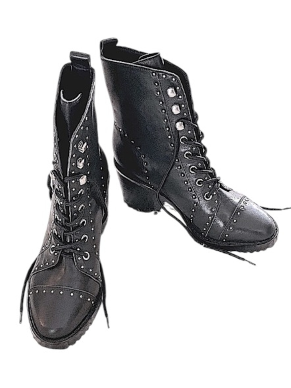 Sol Sana Lace Up Black Leather Studded Block Heel Moto Platform Biker Boots 37